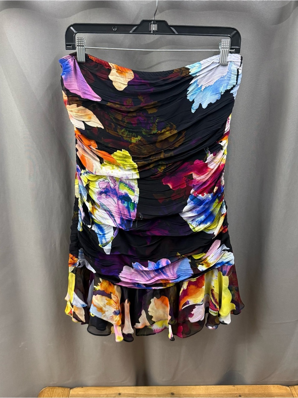 Rococo Sand Size Small Black Floral Ruched Mini Dress with Multicolor Bloom
